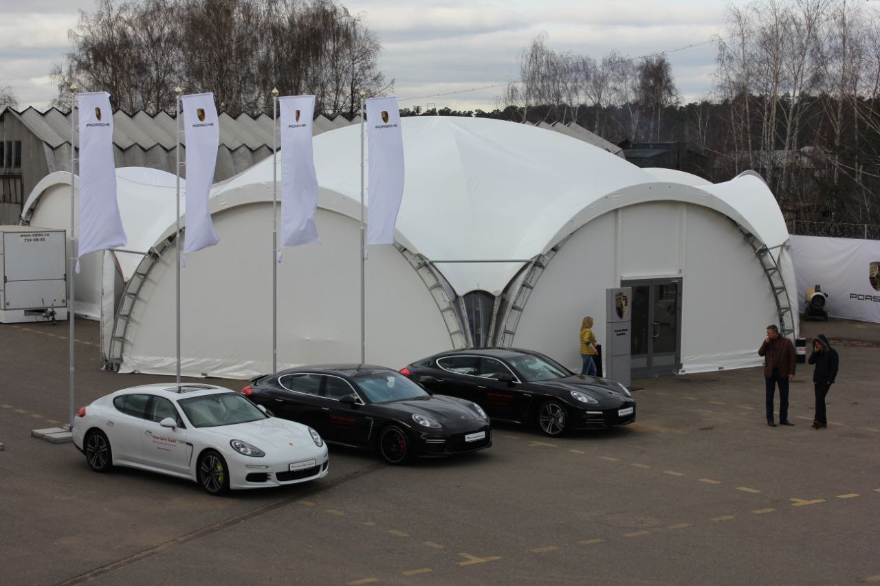 Entrance area of a sports facility tent with branding space