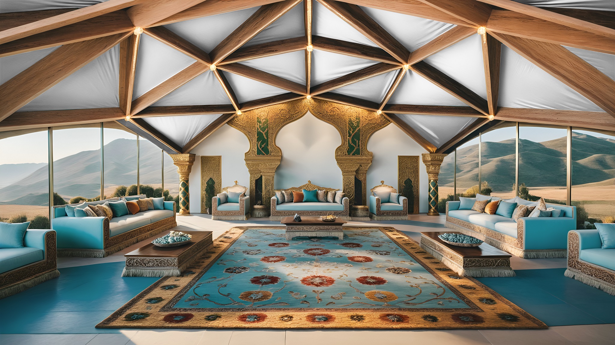 Luxurious Majlis tent interior with traditional Arabic carpets, cushions and warm ambient lighting