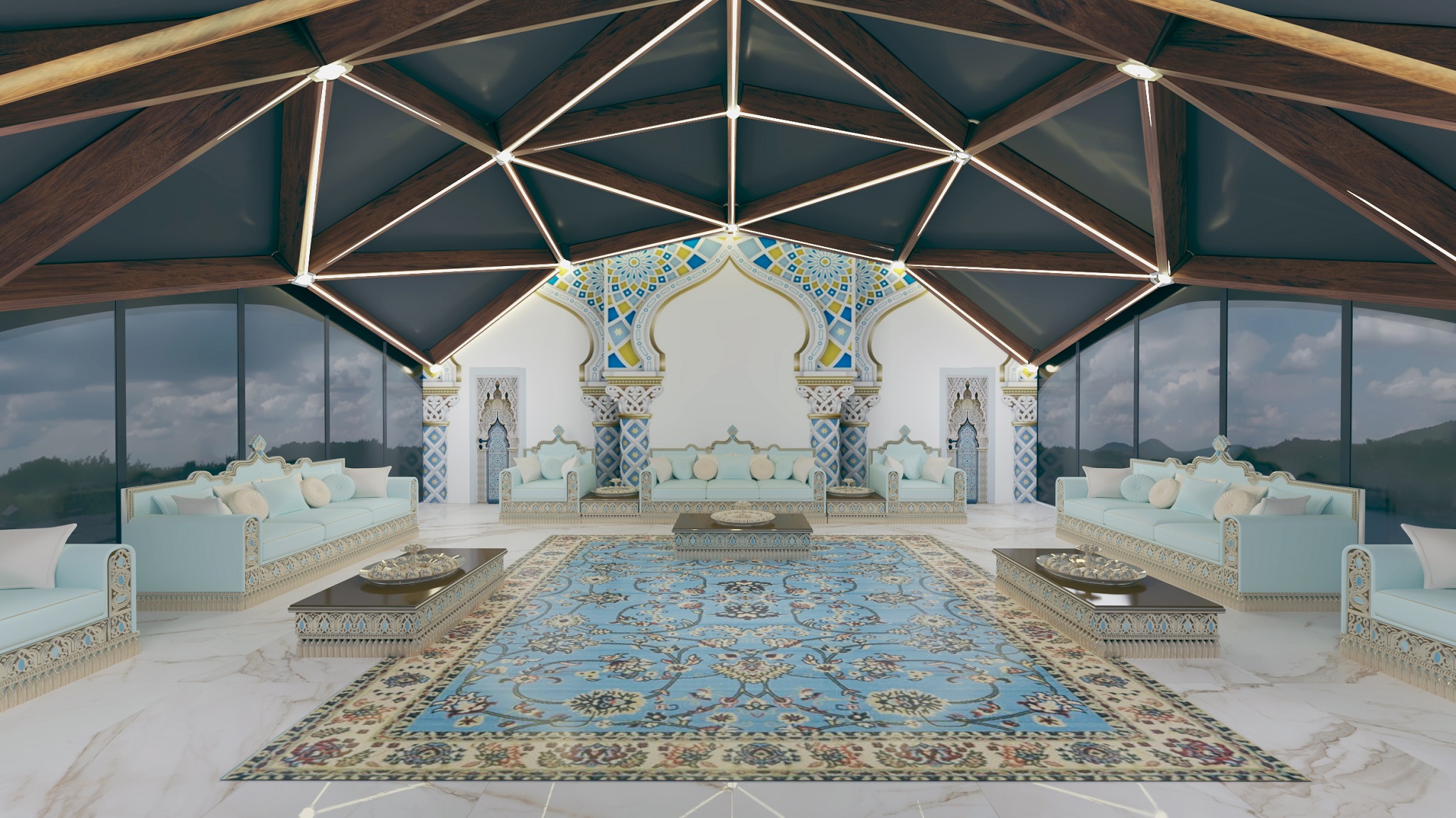 Elegant outdoor Majlis reception tent setup in UAE desert landscape with traditional decor