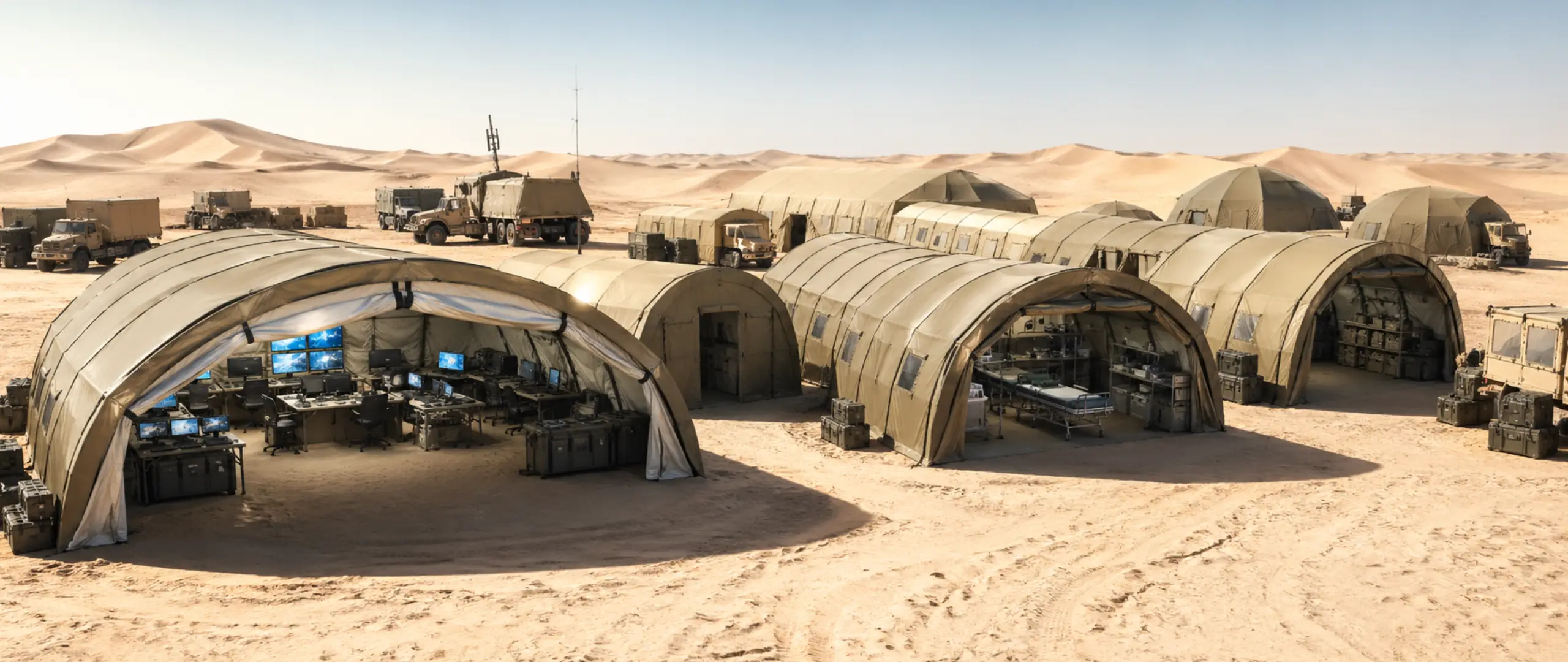 Military tent base in UAE desert with modular clear-span structures used for command, storage and operational zones