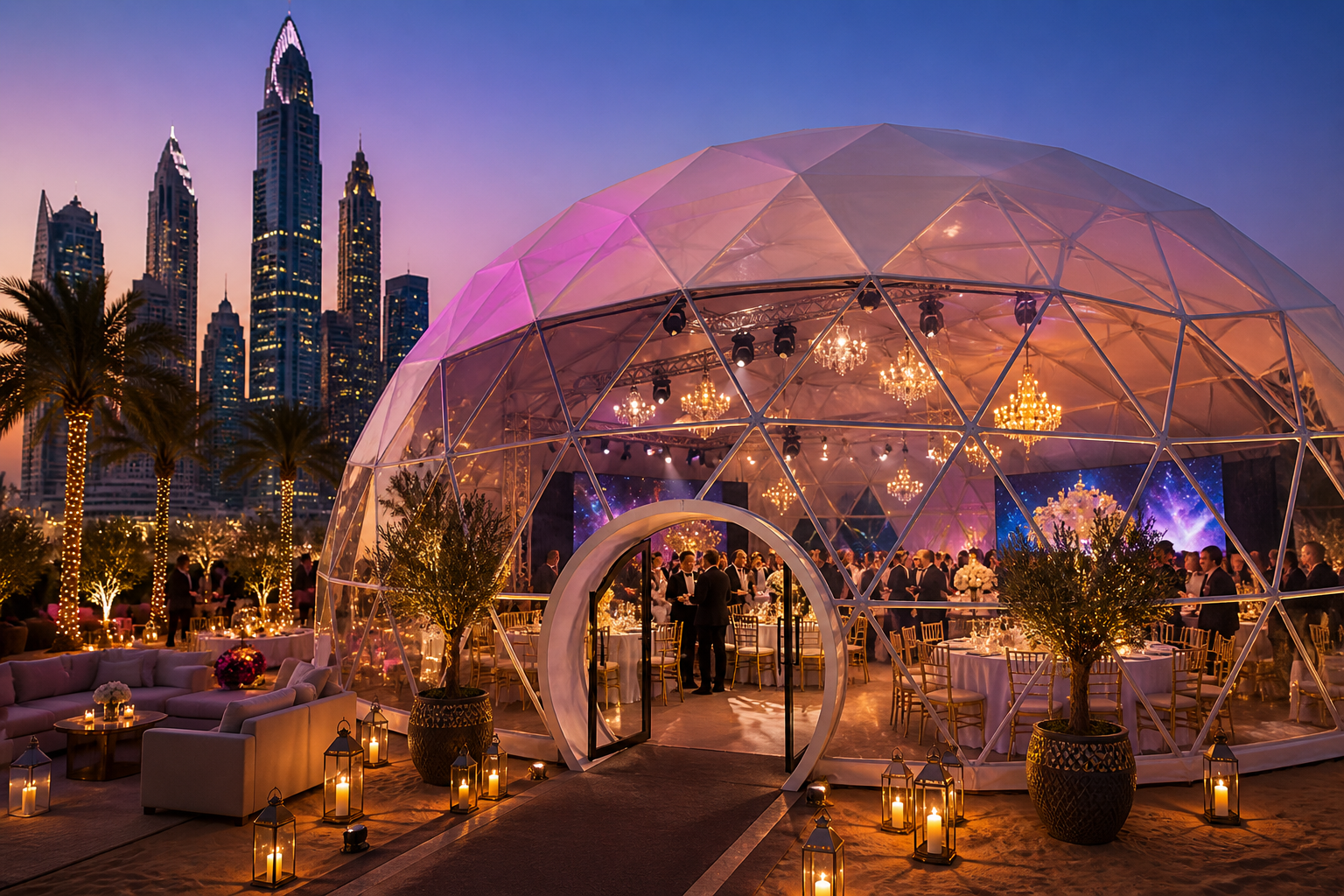 Luxury event tent in UAE with elegant interior setup, lighting and d&eacute;cor for weddings, VIP events and gala dinners