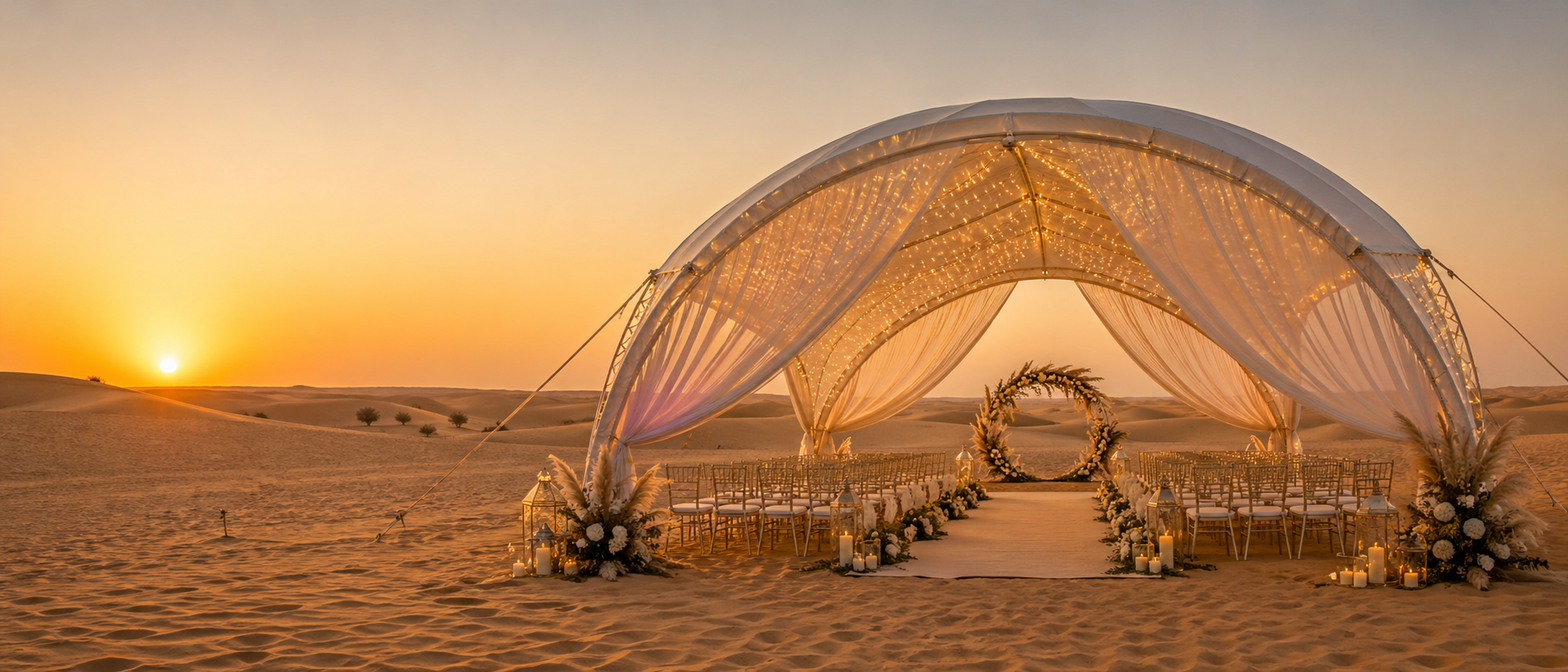 Elegant desert wedding tent in Liwa with clear-span dome or arch structure, golden dunes and sunset backdrop