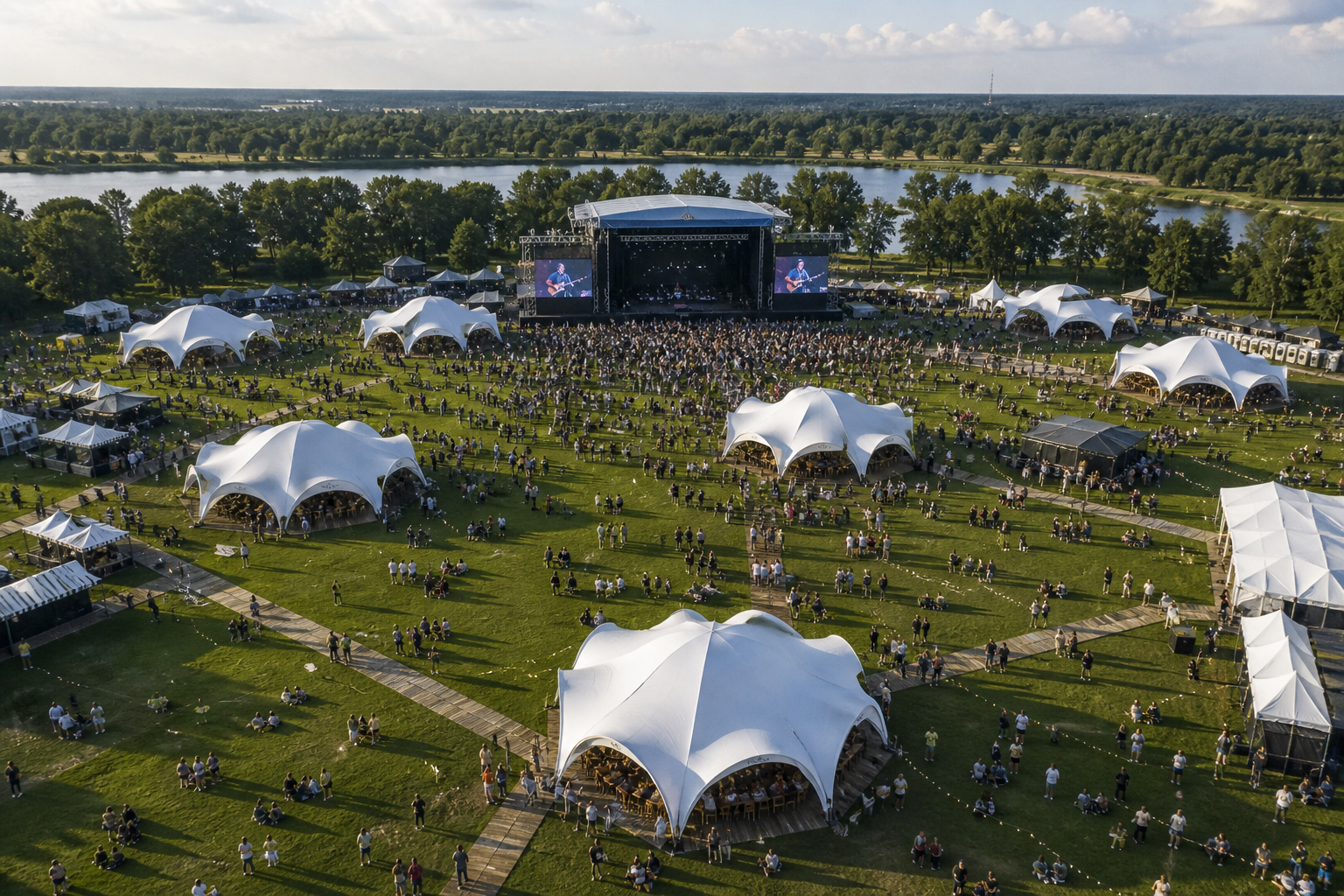 Different tent and marquee structures for outdoor events in UAE including domes, pavilions and majlis setups adapted for desert climate and large gatherings