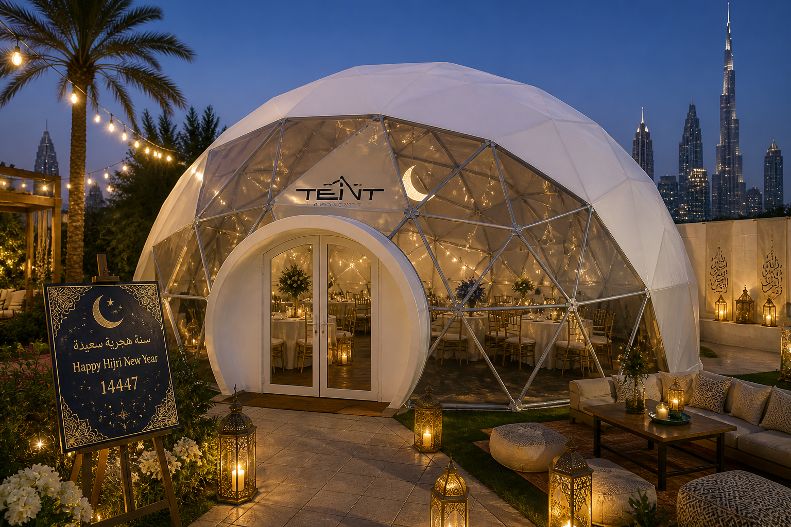 Outdoor tent setup in UAE for Hijri New Year with soft lighting, calm seating areas and decorative elements creating a peaceful gathering space
