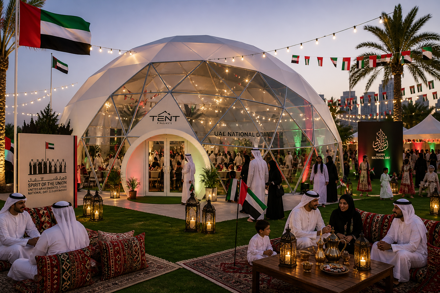 Outdoor tents and pavilions used for UAE National Day events including cultural festivals, food stalls and community gatherings