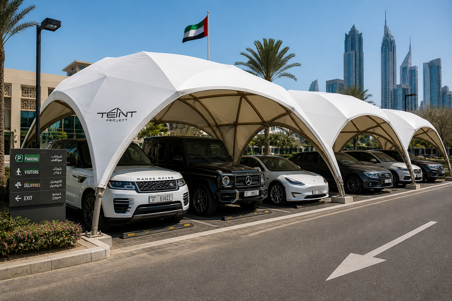 Car parking shade structure in UAE with tensile canopy providing UV protection and heat reduction for vehicles