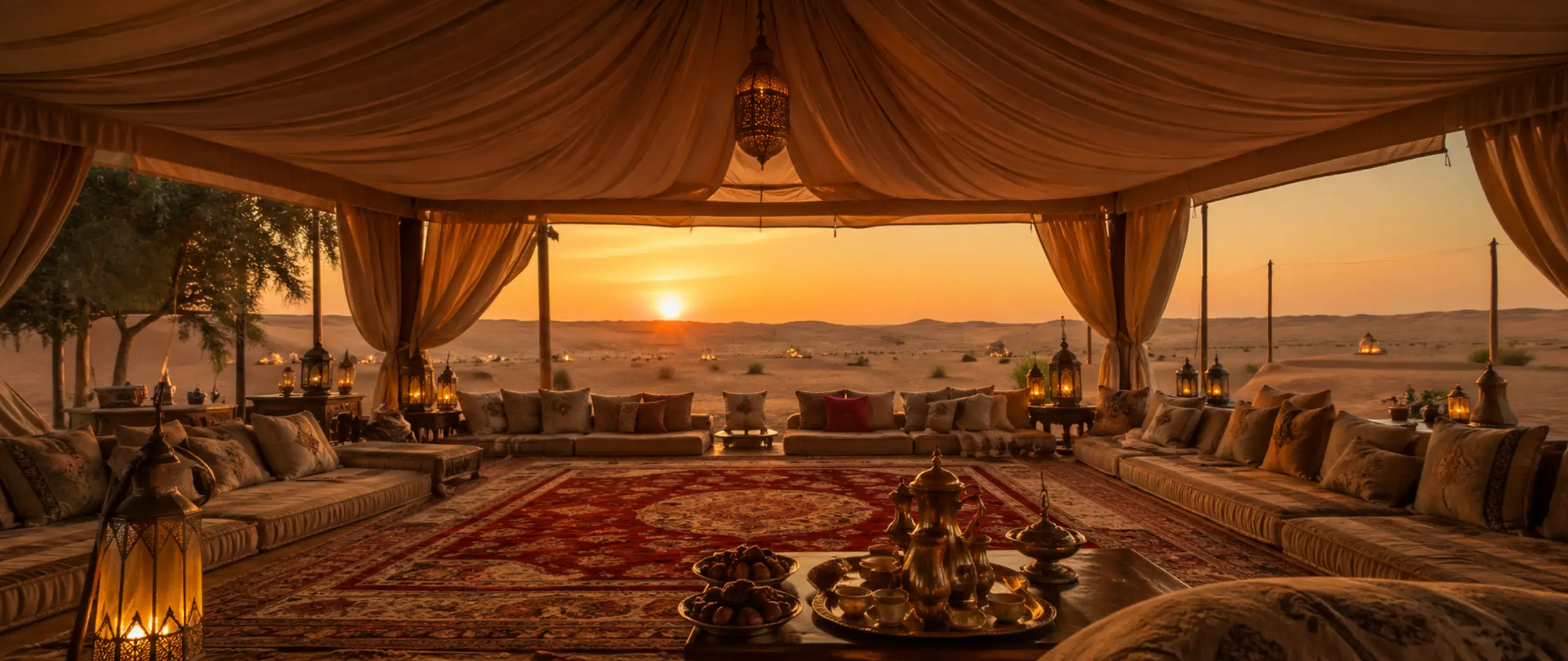 Luxury Arabic majlis tent in UAE desert at sunset with traditional seating, carpets, lanterns, coffee and dates setup