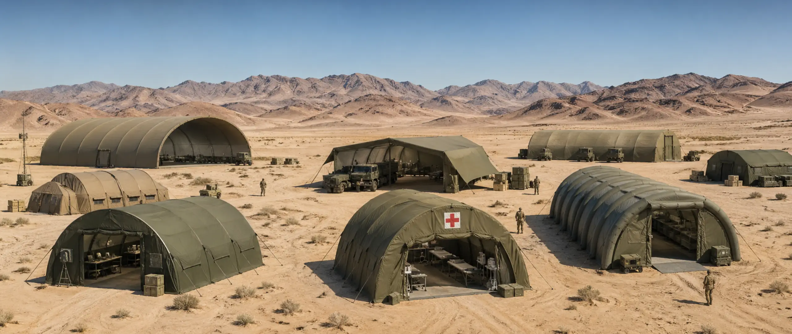 Different military tent types including command post, medical tent, vehicle shelter and inflatable tent in desert conditions