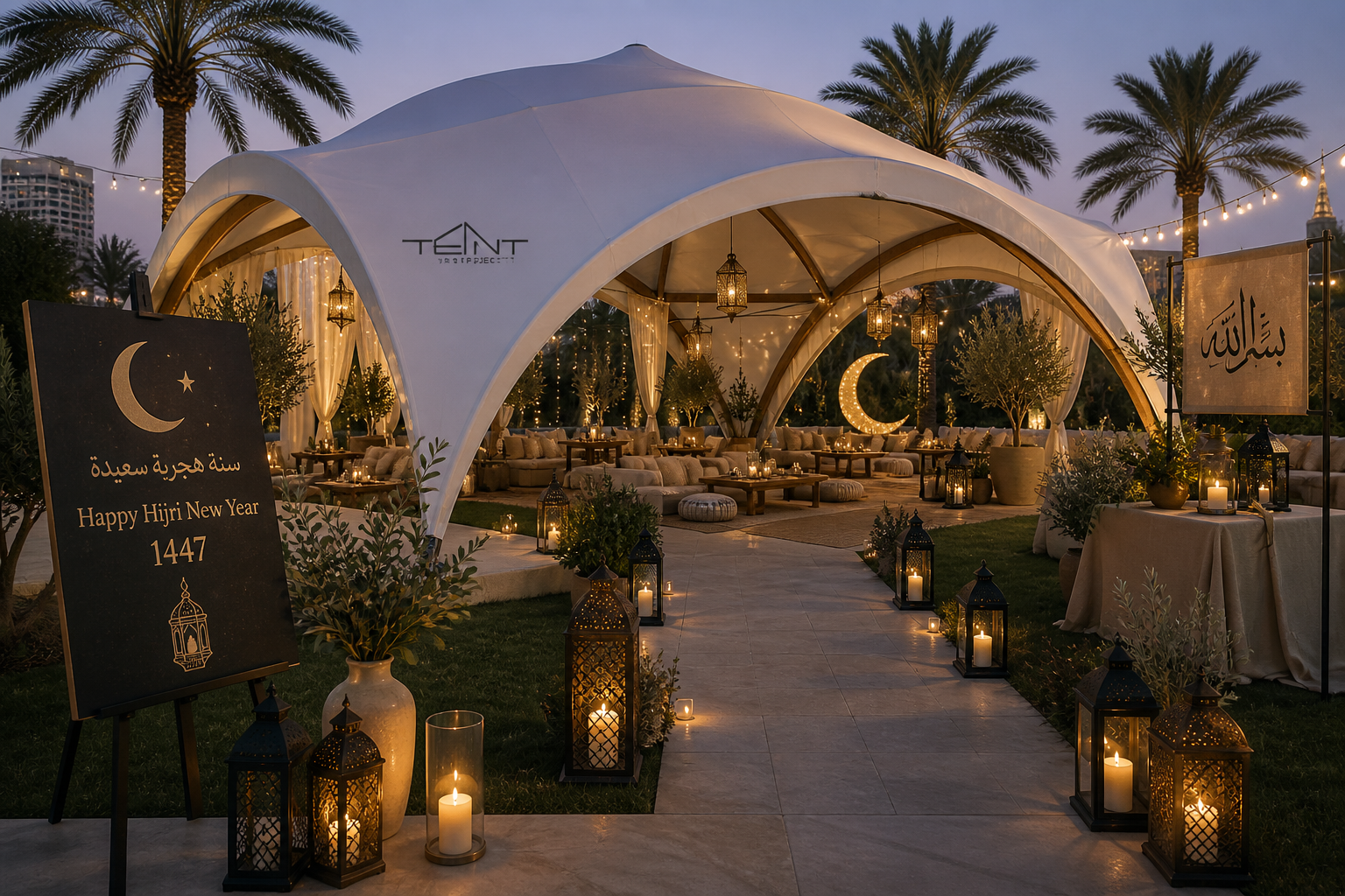 Decorated tent space with lanterns, cushions and subtle lighting for Hijri New Year gathering reflecting serenity and cultural atmosphere