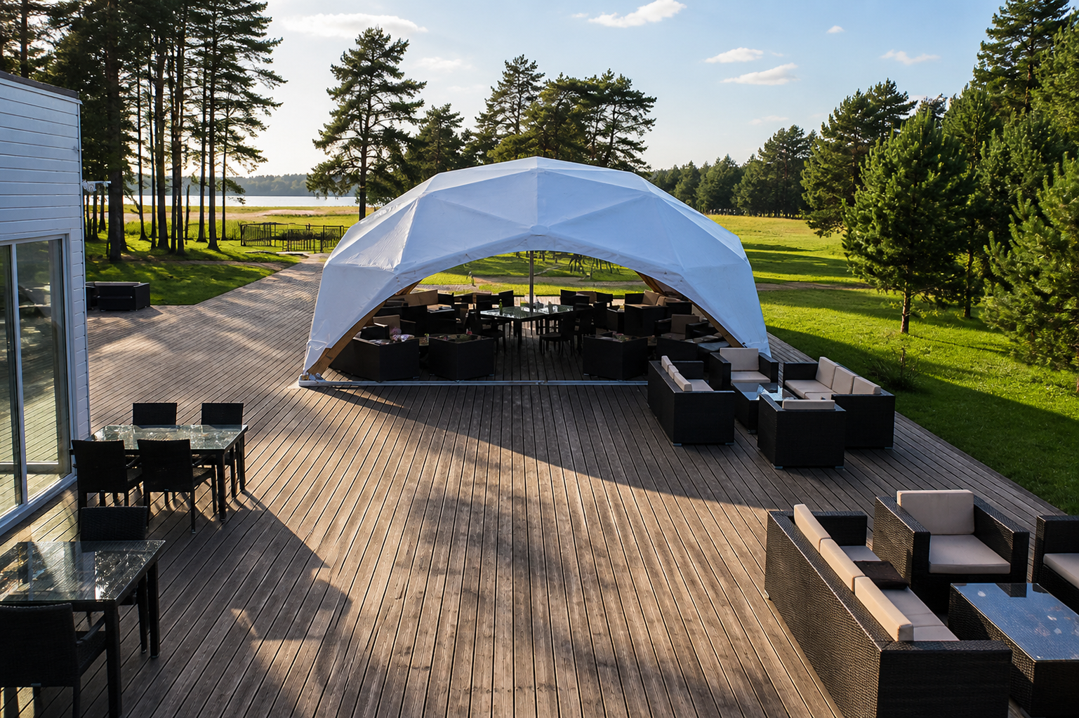 Outdoor event tent setup in UAE with large canopy structures providing shade, cooling and organized space for weddings, corporate events and private gatherings