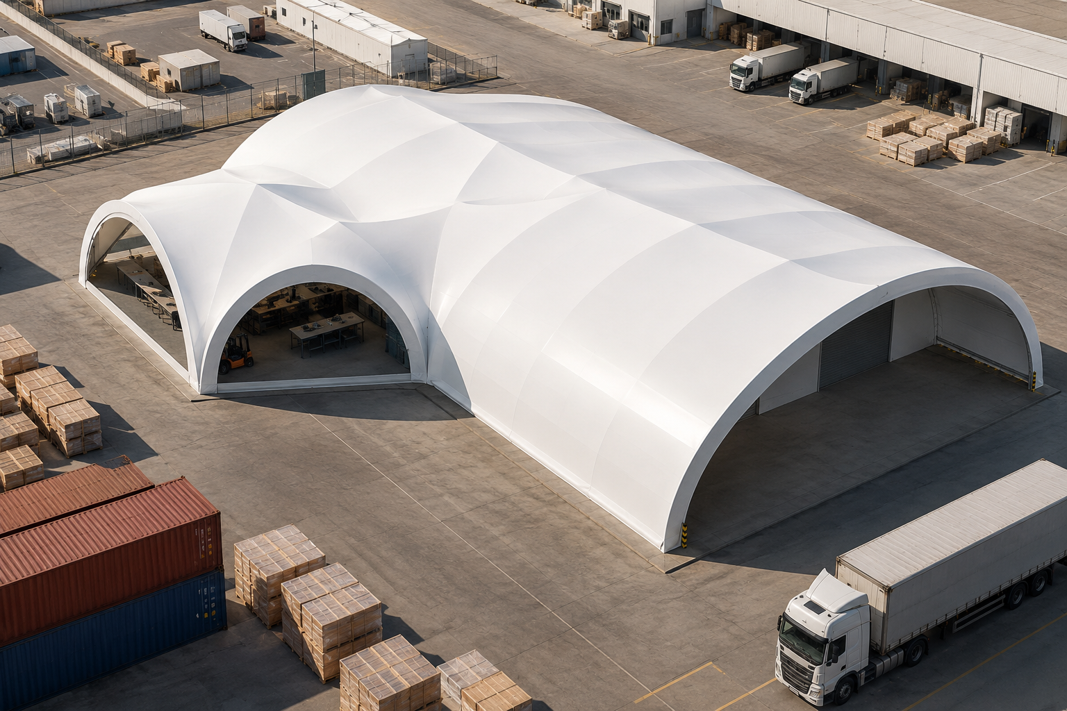 Large-scale modular warehouse and hangar structure installed in the UAE for industrial logistics and equipment storage