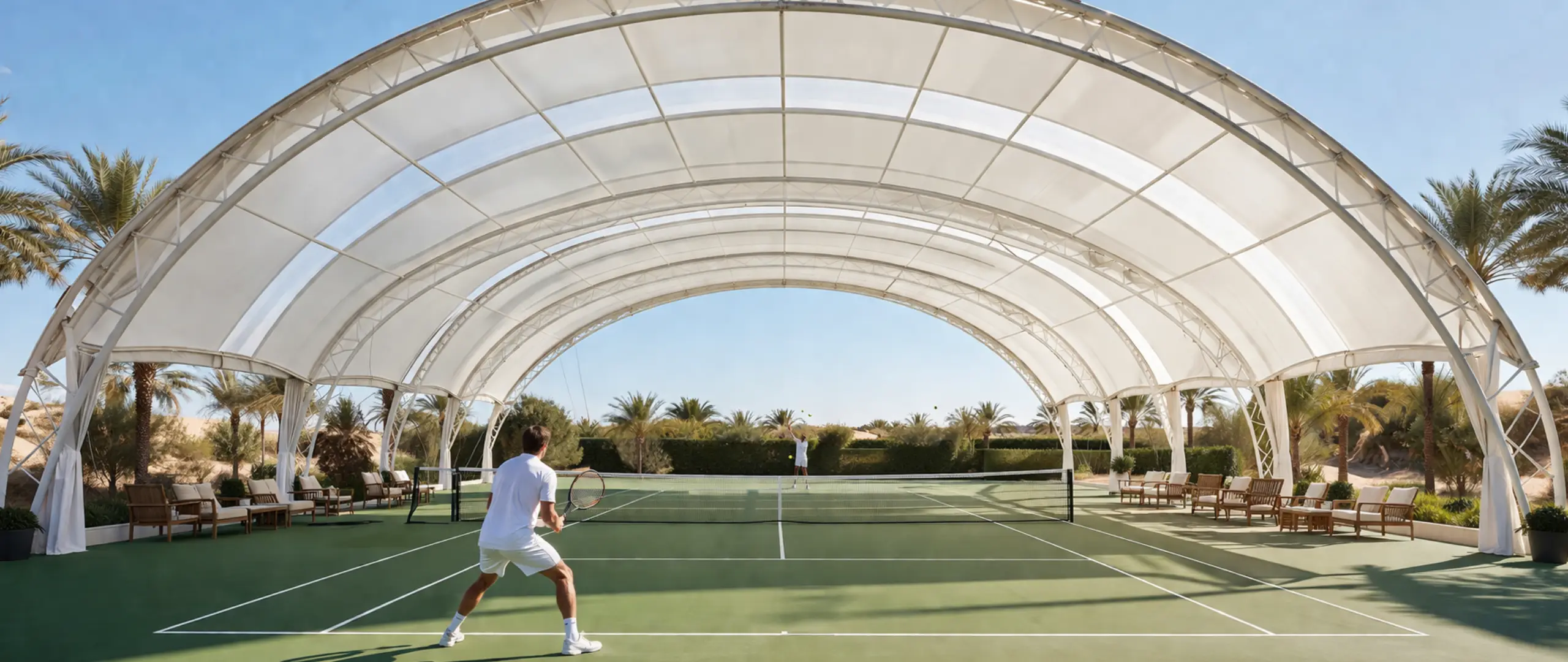Different tennis court tent designs: a large event tent covering a full court and a smaller canopy tent for practice or seating