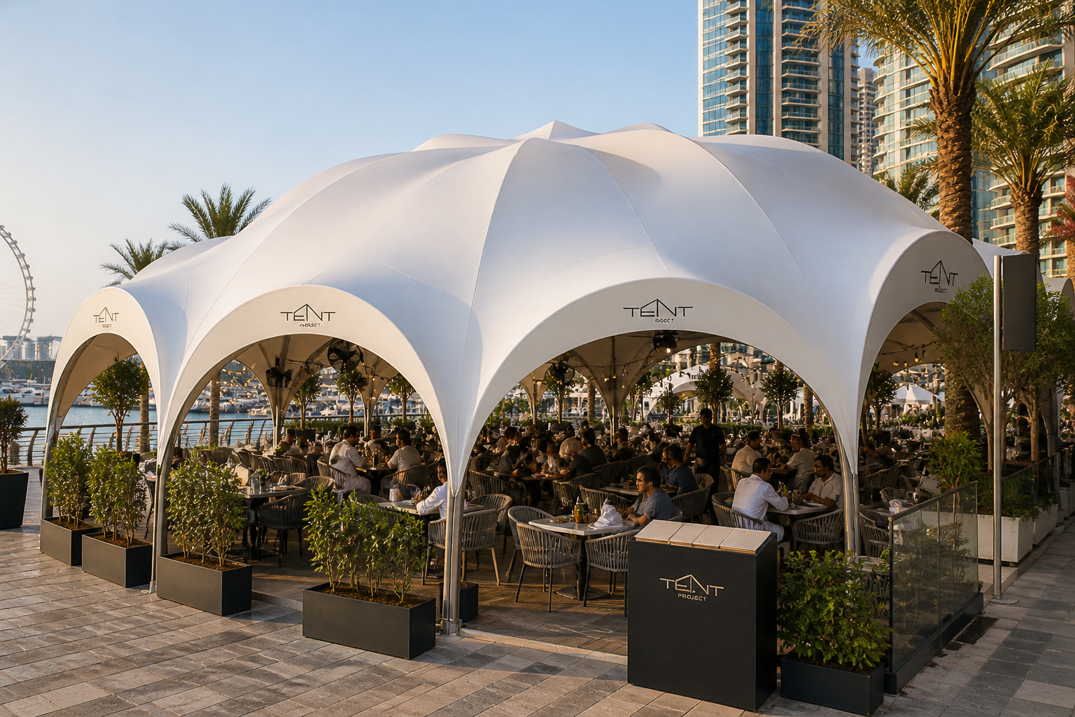 Commercial tent structures in UAE providing shade and protection for businesses such as cafes, parking areas and retail spaces