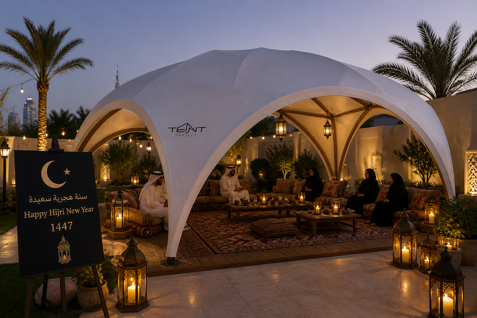 UAE National Day outdoor tent setup with traditional majlis seating, carpets and decorations for cultural celebration