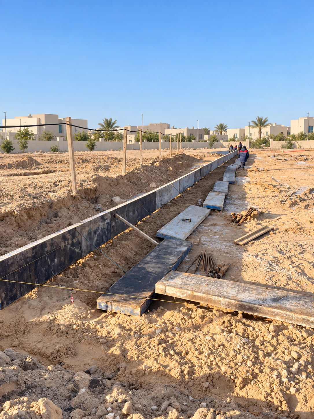 Editorial adaptation of site preparation with formwork and construction panels in a dry setting.