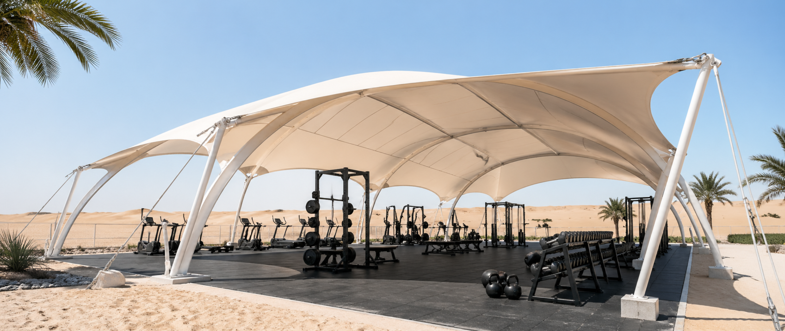 A purpose-built outdoor gym tent shelters users from intense sun while maintaining airflow — a key consideration for outdoor fitness facilities in the UAE A purpose-built outdoor gym tent shelters users from intense sun while maintaining airflow — a key consideration for outdoor fitness facilities in the UAE.