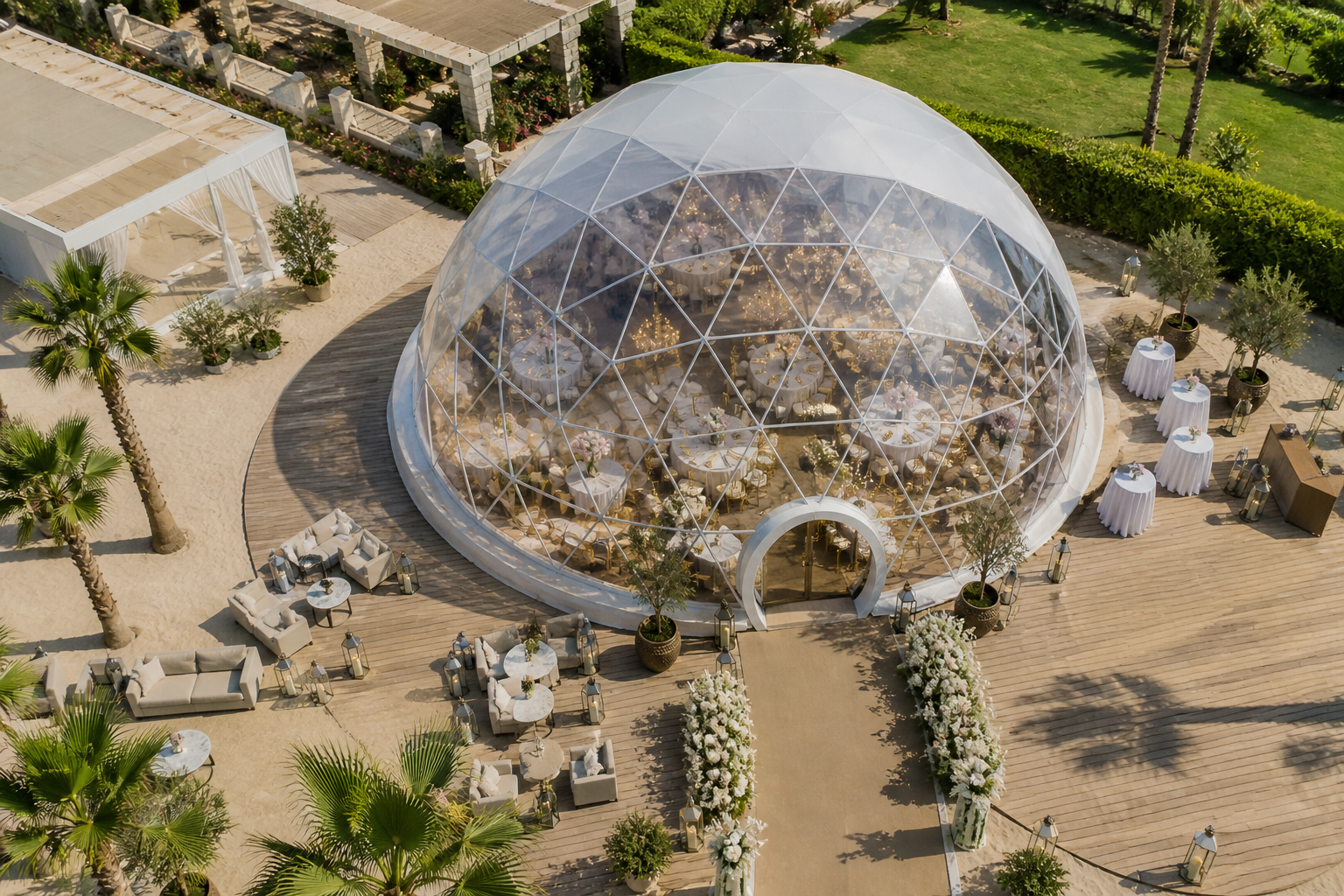 Different luxury event tents in UAE including dome, transparent and majlis-style structures used for high-end events