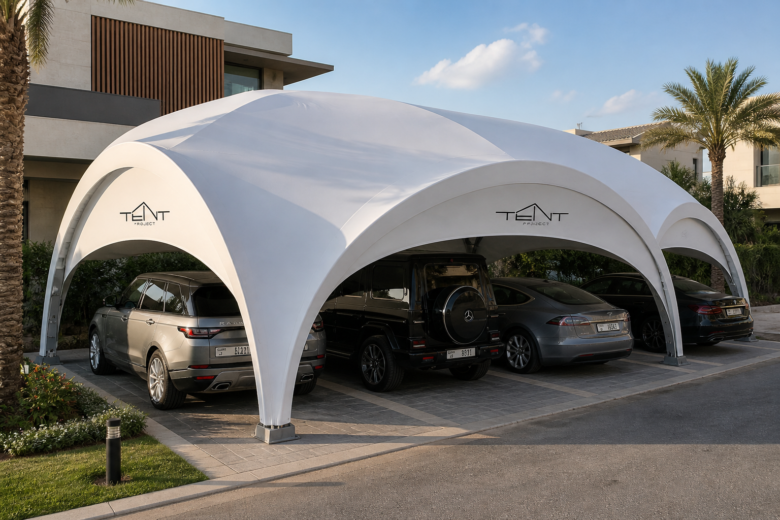 Large parking shade systems in UAE covering multiple cars with engineered canopy structures for commercial and residential use