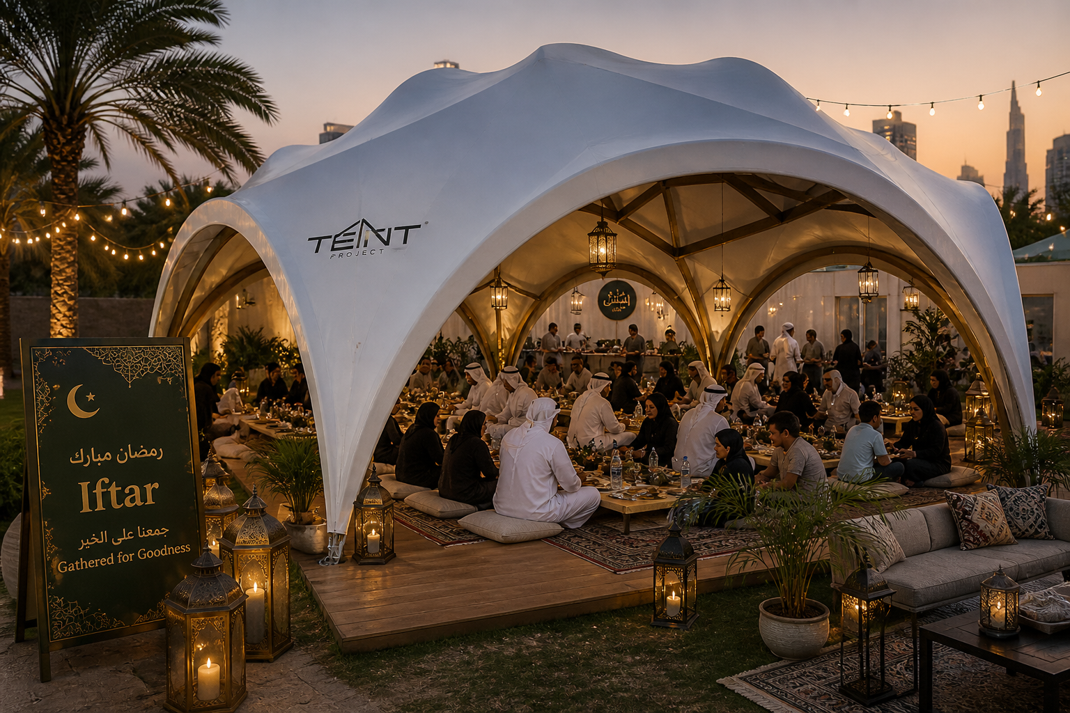 Iftar tent setup in UAE with majlis seating, carpets and soft lighting creating a comfortable space for Ramadan gathering