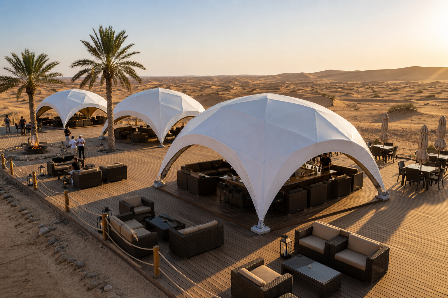 Different desert camping tents including dome, Bedouin and canopy structures used for glamping, expeditions and tourist camps