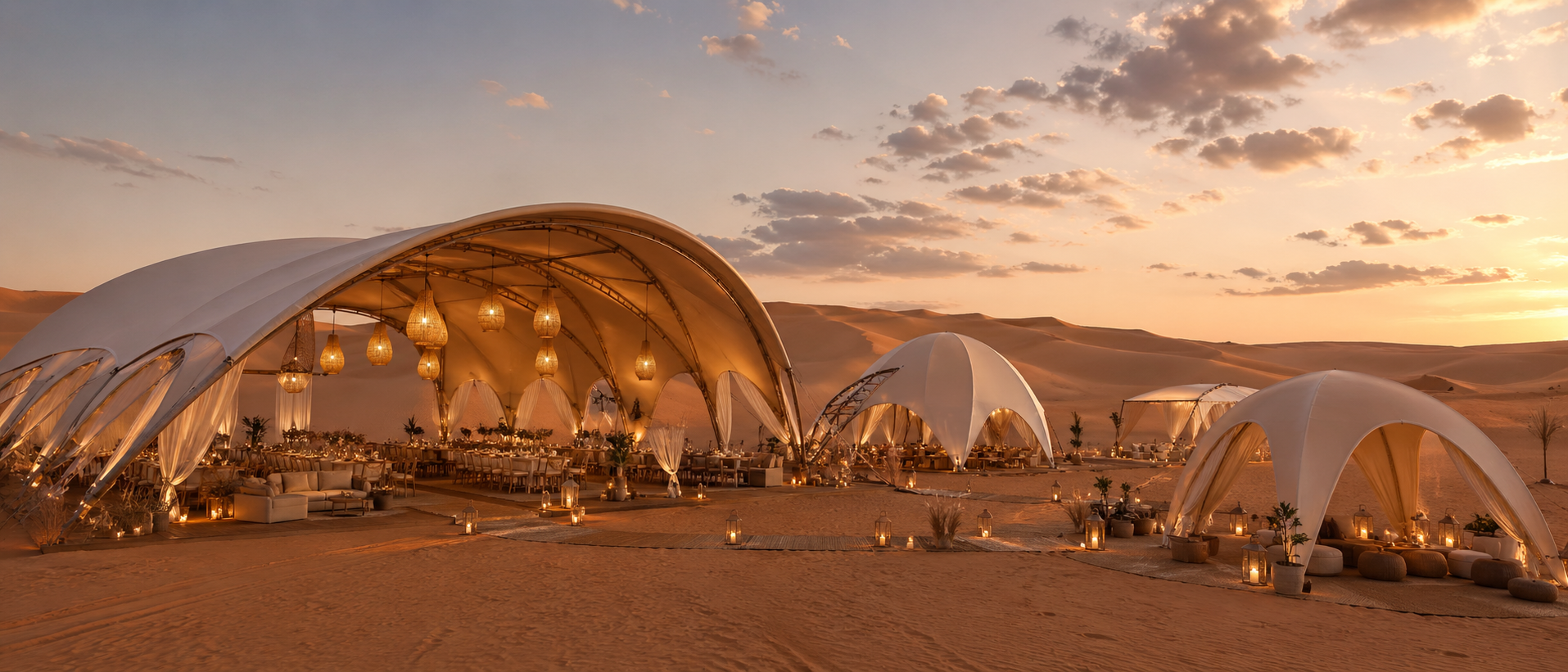Different desert wedding tent models including dome, arch and Dune series anchored on soft Liwa dunes