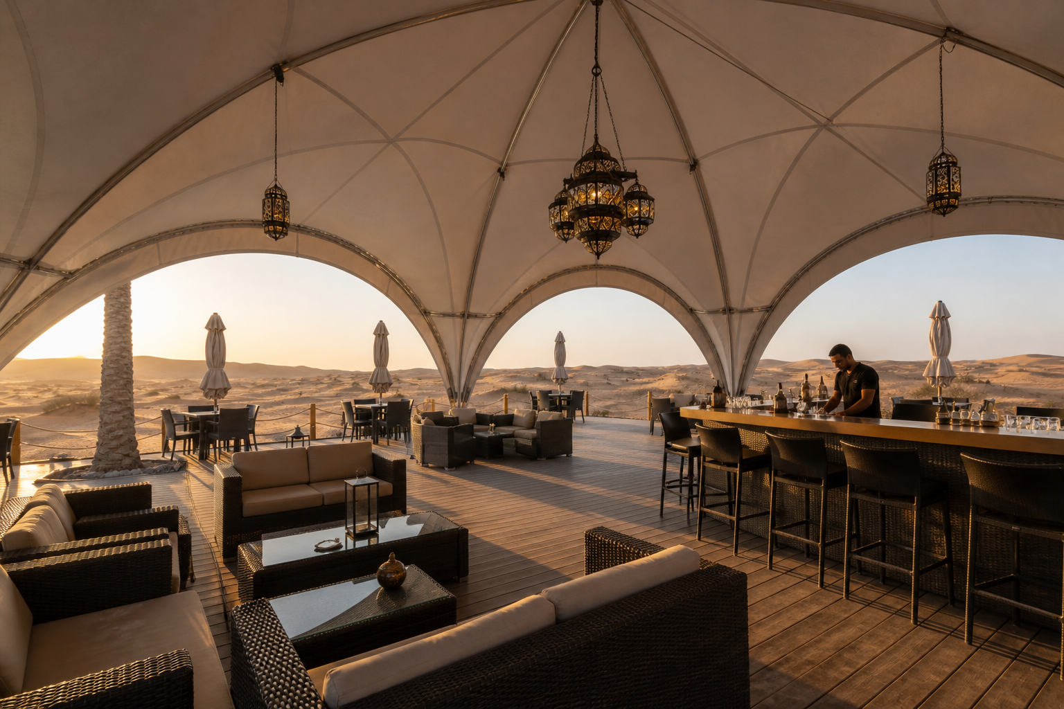 Desert camping tents setup in UAE providing shade, wind protection and comfortable communal space for outdoor living
