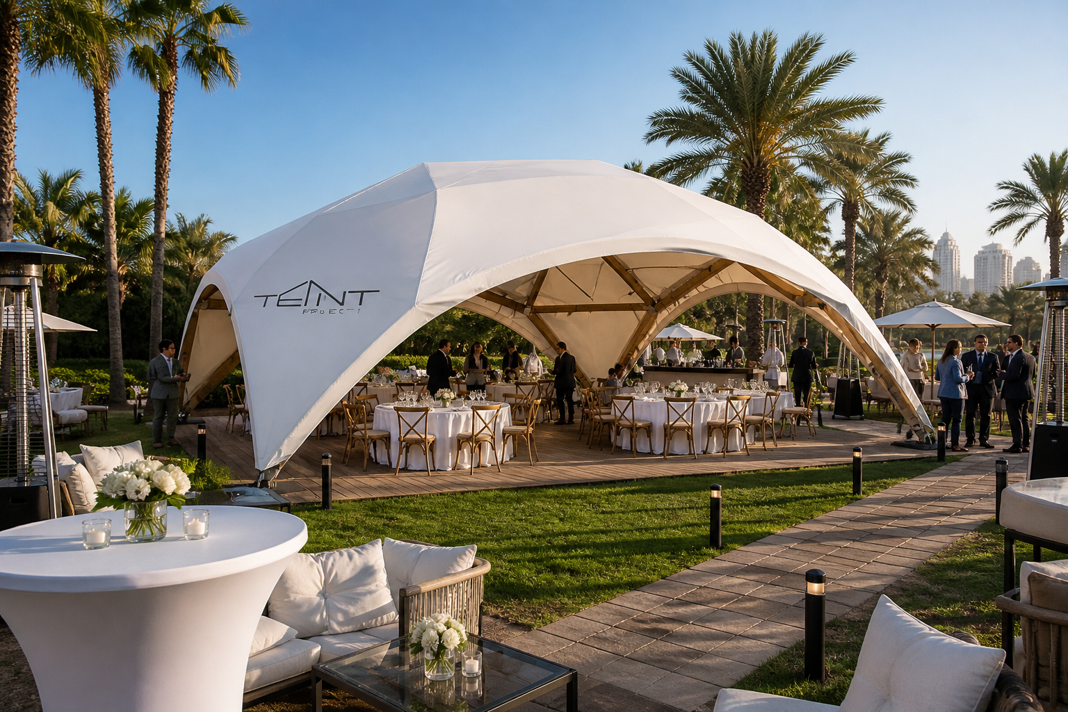 Different event tent styles in UAE including frame tents, dome structures and tensile canopies for various event setups