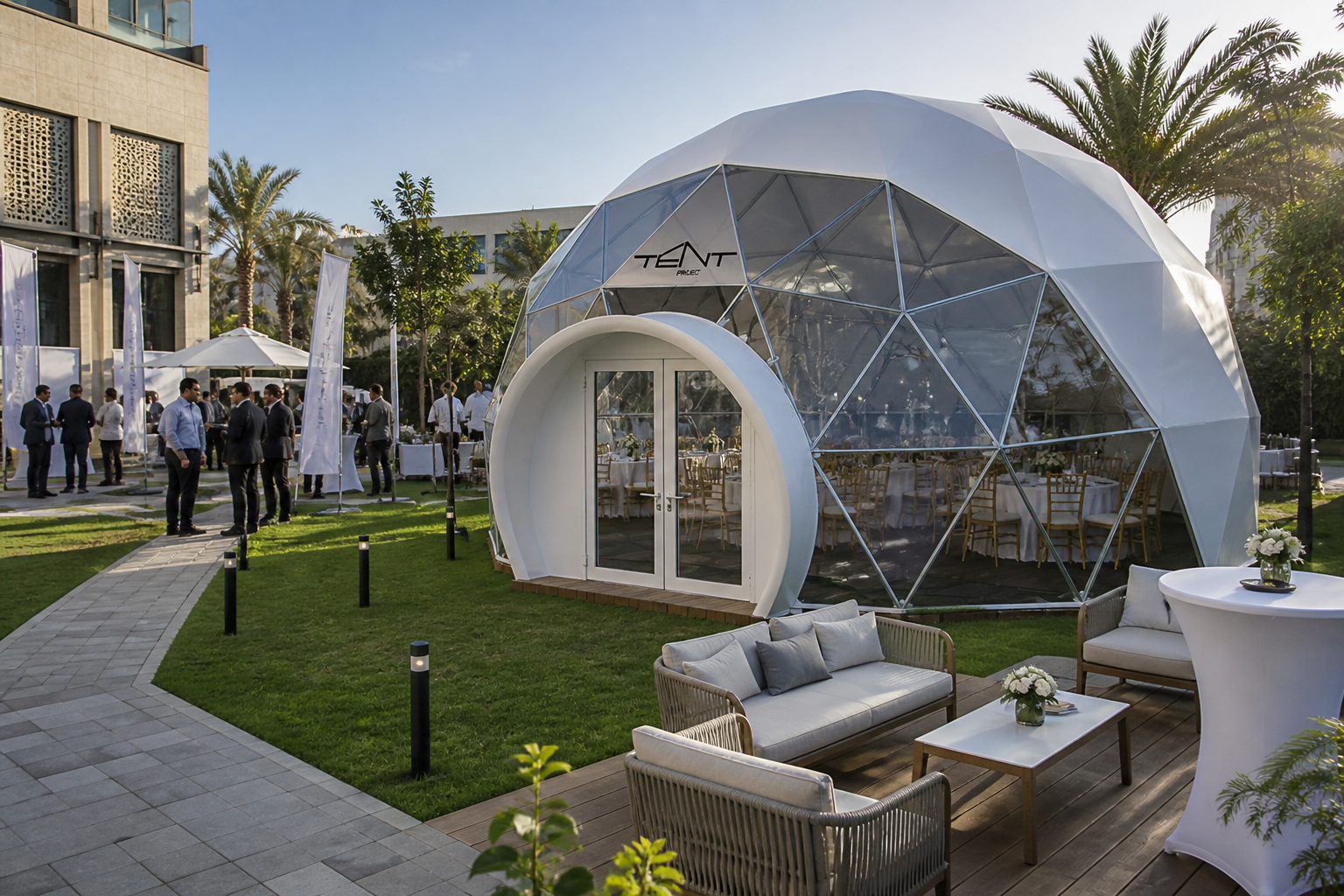 Event tent structures in Dubai including large clear-span tents used for weddings, corporate events and outdoor gatherings