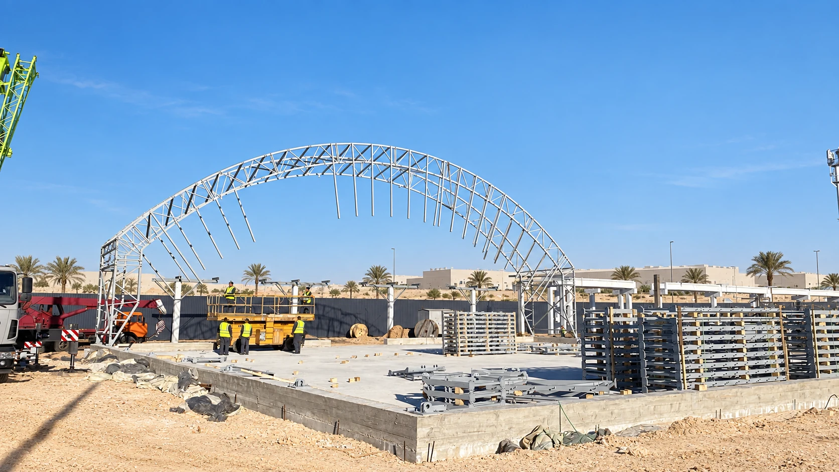 Editorial adaptation of a steel frame being assembled with lifting equipment on a construction site.