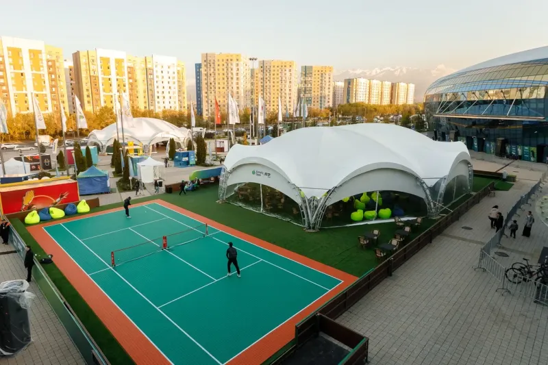 Completed arch tent complex beside Almaty Arena for the Almaty Open tennis tournament.