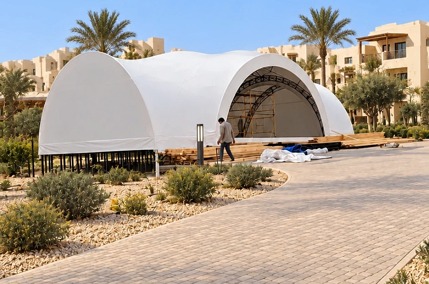 Restaurant tent and approach to the entrance