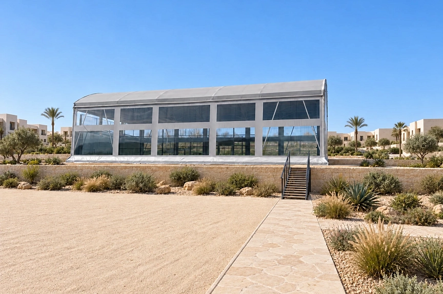 Covered padel court with transparent walls, exterior