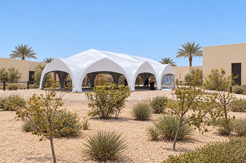 DUBAI-family tent sections during assembly, side view