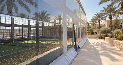 Transparent hangar wall viewed from outside