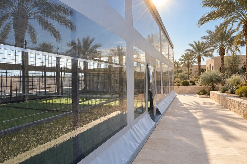 Transparent hangar wall viewed from outside