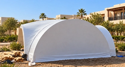 White end wall of the restaurant arch tent