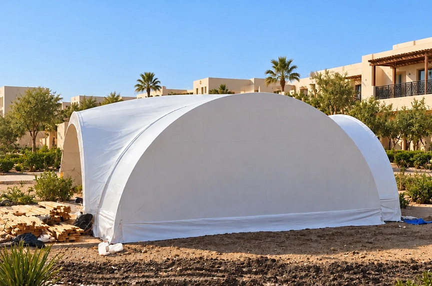 White end wall of the restaurant arch tent