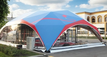 Installation of modular diamond wood tents for a large-scale business event