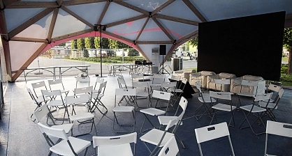 Interior setup of a tent for a business event