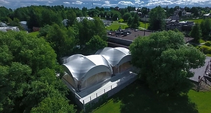 Aerial view of an arch tent for a yacht club