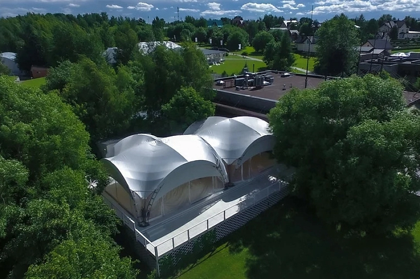 Aerial view of an arch tent for a yacht club