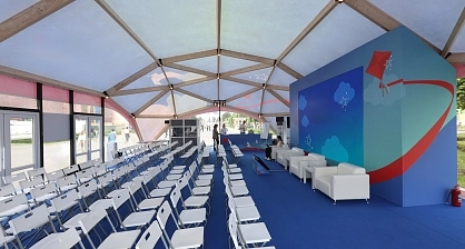 Interior of a wooden tent for a large-scale business event in Eastern Europe