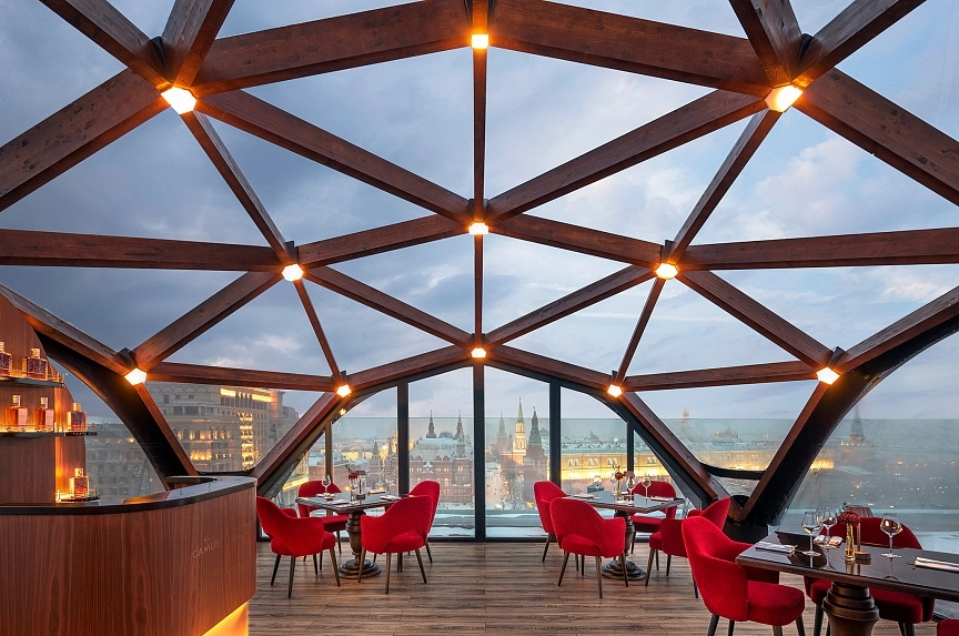 Rooftop diamond wood pavilion for exclusive restaurant at Ritz Carlton hotel