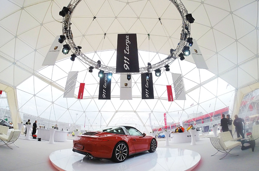 Geodesic dome tent system – Porsche-grade event structures with rapid assembly